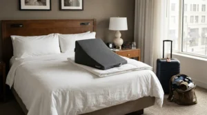 Compact wedge pillow for acid reflux packed neatly on a hotel bed