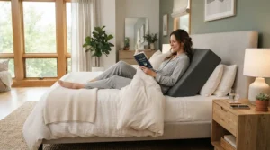 Wedge pillow for rotator cuff pain used in an elevated sleeping position for post-surgery recovery.