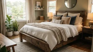 A cozy master bedroom setup showcasing a wedge pillow vs adjustable bed for acid reflux