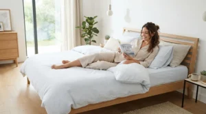 A cooling wedge pillow vs adjustable bed for acid reflux featured in a modern bedroom setting