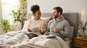 A couple discussing options like a wedge pillow vs adjustable bed for acid reflux together