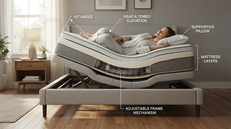 Diagram showing the correct incline angle for a wedge pillow vs adjustable bed for acid reflux