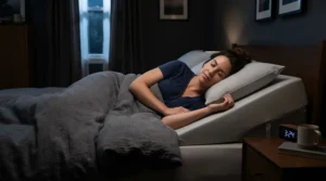 Someone experiencing peaceful nighttime reflux relief with a wedge pillow vs adjustable bed for acid reflux