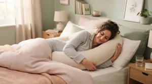 A C-shaped body pillow for side sleepers with hip pain cradling the back, knees, and head