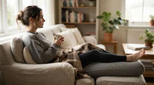 Demonstration of knee-to-ankle support provided by a body pillow for side sleepers with hip pain