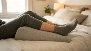 Close-up of a body pillow for side sleepers with hip pain supporting the upper leg to relieve pelvic pressure