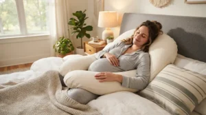 Expectant mother using a body pillow for side sleepers with hip pain for maternity and joint support