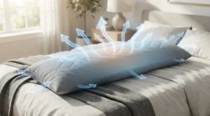 Graphic illustration showing airflow and heat dissipation inside a cooling body pillow for hot sleepers.