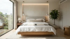A modern minimalist bedroom featuring a sleek cooling body pillow for hot sleepers.
