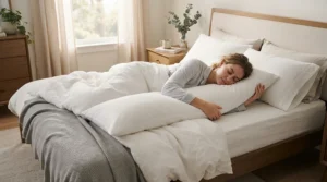A cooling body pillow for hot sleepers resting on a crisp white bed in a sunlit bedroom.