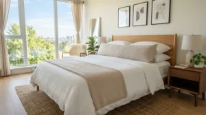 A comfortable full body pillow for adults placed neatly on a made bed in a modern master bedroom.