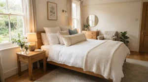 A welcoming guest bedroom setup featuring a neatly styled full body pillow for adults.