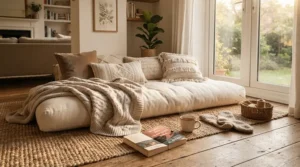 An adult relaxing on the floor with a plush full body pillow for adults while watching TV.