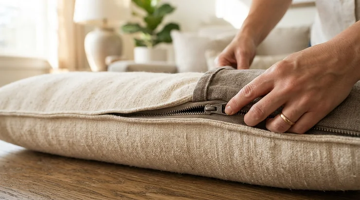 A full body pillow for adults shown with its zippered protective cover partially unzipped to display the fabric texture.