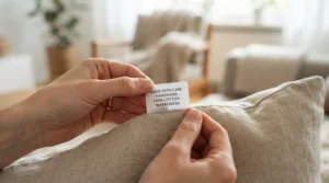 Close-up of a premium fabric label on a hypoallergenic body pillow for allergy sufferers indicating chemical-free testing.
