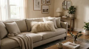 A plush down-alternative hypoallergenic body pillow for allergy sufferers resting on a cozy sofa.