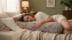 A woman resting peacefully with a hypoallergenic body pillow for allergy sufferers designed to block dust mites.