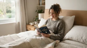 A man reading a book in bed supported by a hypoallergenic body pillow for allergy sufferers.