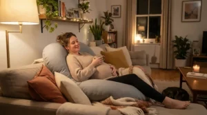 A pregnant woman using a hypoallergenic body pillow for allergy sufferers for back and knee support.